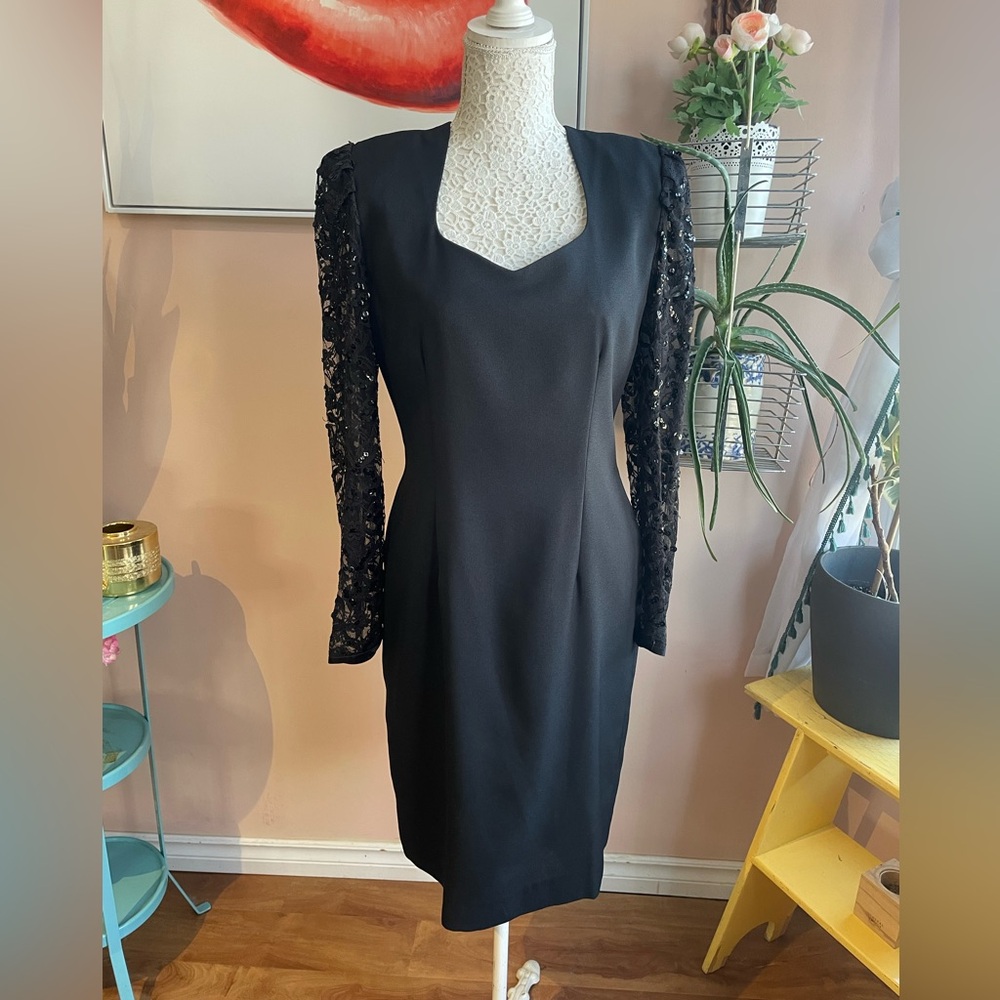 Vintage Little Black 'Algo' Pencil Dress with Sequin & Lace Sleeves